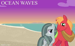 Size: 2064x1278 | Tagged: safe, artist:dashiesparkle, artist:jhayarr23, artist:not-yet-a-brony, big macintosh, marble pie, earth pony, pony, g4, 2023, beach, bittersweet, female, friends, friendship, heartwarming, honorary cousin, implied sugarmac, looking at each other, looking at someone, male, mare, may, movie reference, not shipping, ocean, ocean waves, ship sinking, smiling, smiling at each other, stallion, studio ghibli, sunrise, sunset, walking, water, youtube link in the description