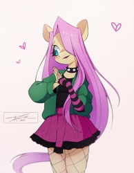 Size: 1593x2048 | Tagged: safe, artist:mindlessnik, fluttershy, pegasus, anthro, dtiys emoflat, g4, choker, clothes, cute, draw this in your style, evening gloves, female, fingerless elbow gloves, fingerless gloves, fishnet stockings, gloves, gradient background, hair over one eye, hands together, heart, long gloves, mare, open mouth, open smile, plaid skirt, shyabetes, skirt, smiling, solo, spiked choker, striped gloves