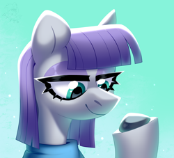Size: 3200x2900 | Tagged: safe, artist:rtootb, boulder (g4), maud pie, earth pony, pony, g4, bangs, bust, closed mouth, clothes, cute, digital art, eyelashes, eyeshadow, female, gradient background, green background, green eyes, happy, high res, icon, looking at something, makeup, mare, maudabetes, pet, portrait, purple mane, shading, short hair, smiling, smiling maud pie, sparkles, stone, when she smiles