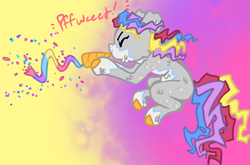 Size: 1601x1059 | Tagged: safe, artist:nootaz, oc, oc only, oc:griselda dulce, piñata pony, pony, detachable horn, gradient background, horn, party horn, piñata, solo