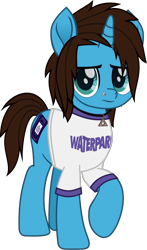 Size: 671x1138 | Tagged: safe, artist:lightningbolt, derpibooru exclusive, pony, unicorn, g4, .svg available, clothes, colored pupils, frown, geoff wigington, horn, jewelry, looking at you, male, movie accurate, necklace, nose piercing, piercing, ponified, raised hoof, shirt, simple background, solo, stallion, standing, svg, t-shirt, transparent background, vector, waterparks
