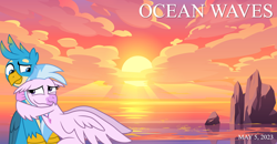 Size: 2064x1072 | Tagged: safe, artist:ejlightning007arts, artist:not-yet-a-brony, gallus, silverstream, griffon, hippogriff, g4, 2023, beach, cloud, female, friends, friendship, hug, looking at each other, looking at someone, male, may, movie reference, ocean, ocean waves, rock, ship:gallstream, shipping, smiling, smiling at each other, straight, studio ghibli, sun, sunrise, sunset, water, youtube link in the description