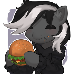 Size: 2500x2500 | Tagged: safe, oc, oc:kenn, burger, clothes, eating, eyes closed, food, high res, hoodie, male, stallion