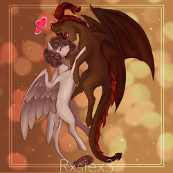 Size: 900x900 | Tagged: safe, artist:rxsiex3, oc, oc only, oc:raevyn, oc:whiskey dreams, demon, demon pony, incubus, incubus pony, pegasus, pony, duo, eye contact, floating, looking at each other, looking at someone, love, simple background