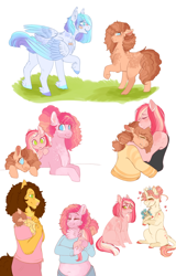 Size: 962x1500 | Tagged: safe, artist:luv3core, cheese sandwich, pinkie pie, oc, oc:pumpkin pie, oc:strawberry red, oc:tender morning, oc:whiplash dash, earth pony, pegasus, pony, unicorn, anthro, g4, anthro with ponies, baby, bouquet, bully, bullying, female, filly, floating heart, flower, foal, heart, lesbian, lying down, magical lesbian spawn, male, mare, oc x oc, offspring, offspring shipping, parent:applejack, parent:cheese sandwich, parent:pinkie pie, parent:princess cadance, parent:rainbow dash, parent:sunset shimmer, parents:appledash, parents:cheesepie, parents:sunsetdance, prone, ship:cheesepie, shipping, simple background, stallion, story included, straight, white background