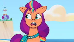 Size: 2160x1215 | Tagged: safe, screencap, sunny starscout, earth pony, pony, g5, my little pony: tell your tale, on your cutie marks, spoiler:g5, spoiler:my little pony: tell your tale, spoiler:tyts01e18, beach, cliff, crystal brighthouse, cute, female, mane stripe sunny, mare, open mouth, solo, sunny sadscout, sunnybetes, upset