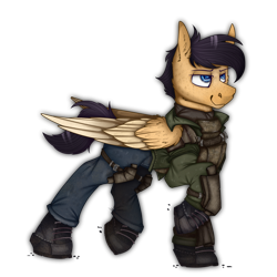 Size: 2300x2300 | Tagged: safe, alternate version, artist:molars, oc, oc only, oc:lockheed venture, pegasus, pony, armor, blue eyes, body armor, boots, clothes, colored wings, commission, denim, digital art, folded wings, high res, jacket, jeans, lidded eyes, looking forward, military uniform, pants, raised hoof, raised leg, shoes, simple background, smug, solo, transparent background, two toned wings, uniform, walking, wings