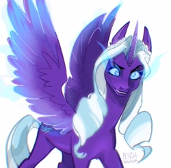 Size: 2290x2242 | Tagged: safe, artist:peachmichea, opaline arcana, alicorn, pony, g5, spoiler:g5, curved horn, eye mist, female, glowing, glowing eyes, high res, horn, mare, signature, simple background, solo, spread wings, white background, wings