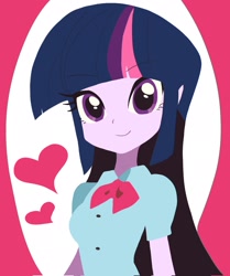 Size: 1713x2048 | Tagged: safe, artist:cheesesauce_45, twilight sparkle, human, equestria girls, g4, cute, eyebrows, eyebrows visible through hair, female, floating heart, heart, lineless, looking at you, smiling, smiling at you, solo, twiabetes