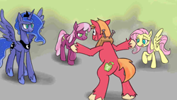 Size: 1280x720 | Tagged: safe, artist:hentman, edit, big macintosh, cheerilee, fluttershy, princess luna, alicorn, earth pony, pegasus, pony, g4, bedroom eyes, big macintosh gets all the mares, bipedal, butt, cropped, drool, estrus, eyebrows, eyes on the prize, female, funny, jurassic world, licking, licking lips, male, mare, meme, old art, parody, plot, prattkeeping, raised eyebrow, raised hoof, scared, ship:cheerimac, ship:fluttermac, ship:lunamac, shipping, smiling, spread wings, stallion, straight, this will end in snu snu, tongue out, wavy mouth, wide eyes, wingboner, wings