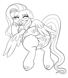 Size: 1228x1400 | Tagged: safe, artist:lavenderkatze, fluttershy, pegasus, pony, g4, air pushed out of diaper, blushing, diaper, diaper fetish, eyes closed, fetish, non-baby in diaper, pacifier, poofy diaper, simple background, sketch, solo, white background, wing hands, wings