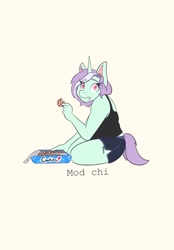 Size: 1423x2048 | Tagged: safe, artist:mscolorsplash, oc, oc only, oc:mod chi, unicorn, anthro, anthro oc, cookie, female, food, horn, simple background, solo, unicorn oc