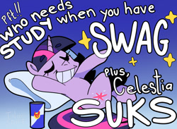 Size: 1050x770 | Tagged: safe, artist:talimingi, twilight sparkle, pony, unicorn, g4, drink, energy drink, eyes closed, female, gradient background, grin, lying down, on back, out of character, pillow, red bull, smiling, solo, swag, unicorn twilight