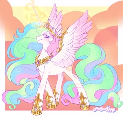 Size: 3355x3198 | Tagged: safe, artist:frowoppy, princess celestia, alicorn, pony, g4, abstract background, female, heart, heart eyes, high res, jewelry, magic, mare, regalia, signature, solo, wingding eyes