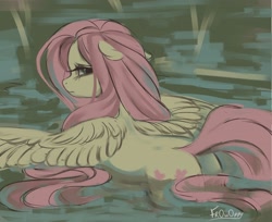 Size: 2704x2205 | Tagged: safe, artist:frowoppy, fluttershy, pegasus, pony, g4, female, floppy ears, high res, looking at you, looking back, looking back at you, mare, signature, solo, spread wings, unamused, water, wings