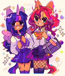 Size: 1440x1673 | Tagged: dead source, safe, artist:jack0ran, sunset shimmer, twilight sparkle, human, g4, alicorn humanization, choker, clothes, duo, duo female, female, fishnet stockings, freckles, glasses, hoodie, horn, horned humanization, humanized, kneesocks, moderate dark skin, peace sign, pegasus wings, pony ears, purse, ribbon, sailor uniform, skirt, socks, sweat, sweatdrop, unicorn horn, uniform, winged humanization, wings