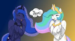 Size: 1980x1080 | Tagged: safe, alternate version, artist:terminalhash, princess celestia, princess luna, alicorn, pony, g4, cyrillic, duo, duo female, eyes closed, female, gradient background, open mouth, open smile, rearing, royal sisters, russian, siblings, sisters, smiling, speech bubble, text, translated in the description