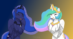 Size: 1980x1080 | Tagged: safe, alternate version, artist:terminalhash, princess celestia, princess luna, alicorn, pony, g4, belly, duo, duo female, eyes closed, female, gradient background, open mouth, open smile, rearing, royal sisters, russian, siblings, sisters, smiling, textless version