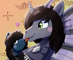 Size: 2780x2296 | Tagged: safe, artist:morrigun, derpibooru exclusive, earth pony, pony, siren, undead, zombie, zombie pony, bags under eyes, blushing, bring me the horizon, clothes, colored blushing, commission, curved horn, cute, eyes open, face licking, fangs, fins, gradient background, high res, horn, kellin quinn, licking, lip piercing, male, oliver sykes, piercing, ponified, scar, shirt, signature, sleeping with sirens, stallion, tattoo, torn ear