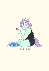Size: 1423x2048 | Tagged: safe, artist:mscolorsplash, oc, oc only, oc:mod chi, unicorn, anthro, anthro oc, colored pupils, cookie, eating, female, food, horn, looking at you, mare, name, simple background, sitting, solo, unicorn oc