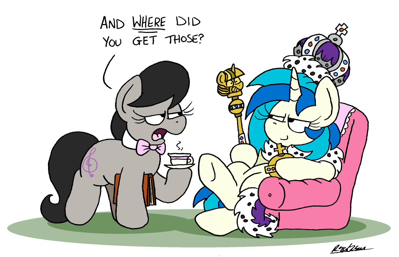 [artist:bobthedalek,book,chair,crown,cup,dj pon-3,earth pony,female,jewelry,mare,pony,safe,scepter,simple background,smug,teacup,unamused,unicorn,vinyl scratch,white background,regalia,armchair,holy hand grenade of antioch,octavia melody,octavia is not amused,twilight scepter]