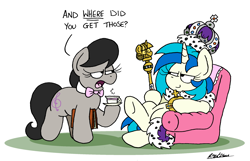 Size: 2500x1611 | Tagged: safe, artist:bobthedalek, dj pon-3, octavia melody, vinyl scratch, earth pony, pony, unicorn, g4, armchair, book, bowtie, chair, crown, cup, female, holy hand grenade of antioch, jewelry, mare, octavia is not amused, regalia, scepter, simple background, smug, teacup, twilight scepter, unamused, white background