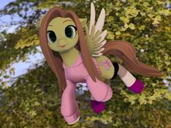 Size: 1600x1200 | Tagged: safe, oc, oc only, oc:lumina, pegasus, pony, open pony, 3d, :p, asexual pride flag, clothes, colored wings, female, flying, freckles, green eyes, hoodie, leaves, long mane, mare, multicolored wings, pegasus oc, pride, pride flag, second life, socks, solo, spread wings, tongue out, wings