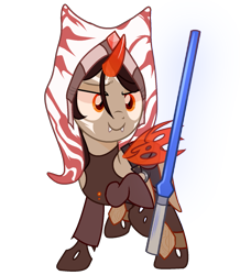 Size: 1319x1512 | Tagged: safe, artist:idkhesoff, oc, oc only, oc:holocron, alien, changeling, hybrid, pony, togruta, belt, changeling hybrid, clothes, curved horn, fangs, female, horn, jedi, knee pads, lightsaber, mare, markings, pants, simple background, skirt, solo, star wars, tank top, transparent background, weapon