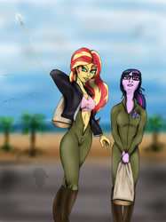 Size: 1235x1650 | Tagged: safe, sci-twi, sunset shimmer, twilight sparkle, human, equestria girls, g4, aside glance, breasts, cleavage, clothes, fanfic art, female, flight suit, lesbian, looking at you, ship:sci-twishimmer, ship:sunsetsparkle, shipping