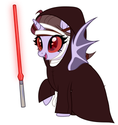 Size: 3808x4040 | Tagged: safe, artist:idkhesoff, oc, oc only, oc:darth vexus, alicorn, alien, bat pony, bat pony alicorn, pony, alicorn oc, bandage, bat pony oc, bat wings, clothes, colored sclera, fangs, female, horn, lightsaber, mare, open mouth, raised hoof, red eyes, robe, simple background, sith, solo, star wars, transparent background, weapon, wings