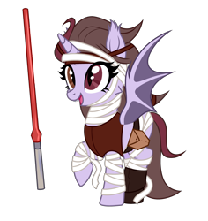 Size: 3808x4040 | Tagged: safe, alternate version, artist:idkhesoff, oc, oc only, oc:darth vexus, alicorn, alien, bat pony, bat pony alicorn, pony, alicorn oc, bandage, bat pony oc, bat wings, belt, boots, clothes, fangs, female, horn, lightsaber, mare, open mouth, raised hoof, red eyes, shoes, simple background, sith, solo, star wars, tank top, transparent background, weapon, wings