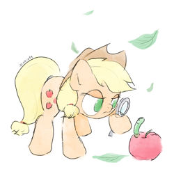 Size: 3000x3000 | Tagged: safe, artist:widelake, applejack, earth pony, pony, worm, g4, apple, food, high res, leaves, magnifying glass, simple background, solo, white background