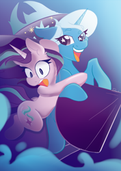 Size: 3508x4960 | Tagged: safe, artist:dankpegasista, derpibooru exclusive, starlight glimmer, trixie, pony, unicorn, g4, >:), >:d, abstract background, absurd resolution, accessory swap, butt, clothes, colored eyelashes, colored lineart, colored pupils, confident, cute, diatrixes, digital art, duo, ear fluff, eyebrows, female, flying, full body, glimmerbetes, grabbing, gradient background, happy, hat, highlights, holding a pony, horn, lesbian, long hair, looking to the left, mare, open mouth, plot, poster, purple eyes, raised eyebrow, riding, rocket, scared, shading, ship:startrix, shipping, shocked, shrunken pupils, signature, simple shading, smoke, starry eyes, stars, sternocleidomastoid, surprised, teeth, tongue out, toy interpretation, trixie's hat, trixie's rocket, wall of tags, windswept mane, wingding eyes