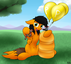 Size: 2712x2416 | Tagged: safe, artist:the-furry-railfan, oc, oc only, oc:twintails, oc:winterlight, pegasus, pony, air tank, balloon, belly, belly button, concave belly, folded wings, grass, grass field, high res, hoof hold, inflatable, inflation, mountain, mountain range, p 235, size difference, this will end in balloons, underhoof, wings