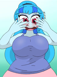 Size: 4000x3000 | Tagged: safe, artist:c_w, sonata dusk, human, equestria girls, g4, blushing, breasts, busty sonata dusk, eyelashes, eyeshadow, female, flustered, gradient background, looking at you, looking down, makeup, nail polish, open mouth, solo