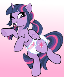 Size: 1742x2115 | Tagged: safe, artist:onc3l3rphobix, twilight sparkle, alicorn, pony, g4, alternate hairstyle, blushing, diaper, diaper fetish, fetish, gradient background, non-baby in diaper, pigtails, redraw, solo, twilight sparkle (alicorn)
