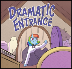 Size: 589x570 | Tagged: safe, idw, official comic, rainbow dash, pegasus, pony, g4, my little pony classics reimagined: little fillies, spoiler:comic, book, clothes, dramatic entrance, dress, frown, mannequin, ponyquin, solo, text, unsound effect