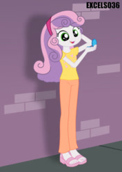 Size: 661x935 | Tagged: safe, artist:excelso36, part of a set, sweetie belle, human, equestria girls, g4, brick wall, clothes, commission, feet, hand mirror, high heels, nail polish, sandals, sidewalk, smiling, solo, toenail polish, toenails, toes