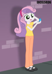 Size: 661x935 | Tagged: safe, artist:excelso36, part of a set, sweetie belle, human, equestria girls, g4, brick wall, clothes, commission, hand mirror, shoes, sidewalk, smiling, solo