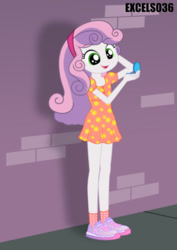Size: 661x935 | Tagged: safe, artist:excelso36, part of a set, sweetie belle, human, equestria girls, g4, brick wall, clothes, commission, hand mirror, shoes, sidewalk, smiling, solo