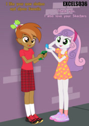Size: 661x935 | Tagged: safe, artist:excelso36, part of a set, button mash, sweetie belle, human, equestria girls, g4, brick wall, cellphone, clothes, commission, duo, equestria girls-ified, lidded eyes, mirror, phone, shoes, sidewalk, smiling