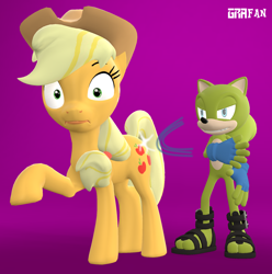 Size: 1906x1920 | Tagged: safe, artist:gradiusfanatic, applejack, oc, earth pony, pony, anthro, g4, 3d, anthro with ponies, crossover, non-mlp oc, sonic the hedgehog (series), source filmmaker, spanking