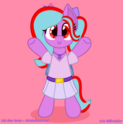 Size: 4481x4519 | Tagged: safe, artist:silvaqular, oc, oc:star beats, pegasus, pony, amulet, belt, belt buckle, bipedal, blue mane, bow, clothes, colored wings, cute, female, geode, happy, jewelry, multicolored hair, multicolored mane, multicolored tail, multicolored wings, necklace, pegasus oc, ponytail, red eyes, red mane, shirt, skirt, smiling, solo, standing, standing on two hooves, tail, wings