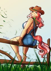 Size: 2430x3330 | Tagged: safe, artist:blackblood-queen, oc, oc only, oc:cinnamon "cider" meadow, earth pony, anthro, unguligrade anthro, anthro oc, breasts, breeze, clothes, commission, cowboy hat, digital art, earth pony oc, female, gloves, grass, grin, hat, high res, mare, one eye closed, overalls, smiling, solo, stetson, wink