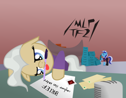 Size: 2844x2222 | Tagged: safe, artist:capital_t, mayor mare, minuette, earth pony, pony, unicorn, g4, /mlp/, /mlp/ tf2 general, administrator, air conditioner, cabinet, chair, desk, duo, female, file cabinet, folder, high res, mare, miss pauling, mouth hold, paper, paperwork, pen, smiling, team fortress 2, text, tired