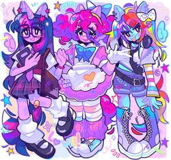 Size: 2048x1915 | Tagged: safe, artist:jack0ran, pinkie pie, rainbow dash, twilight sparkle, human, g4, alicorn humanization, apron, bag, bandaid, belt, book, bow, clothes, converse, dress, ear piercing, female, glasses, gloves, hair bow, hairband, hairclip, headband, headphones, horn, horned humanization, humanized, necktie, pegasus wings, piercing, pony ears, shoes, shorts, skirt, socks, stockings, thigh highs, tongue piercing, trio, trio female, unicorn horn, winged humanization, wings