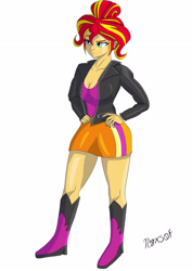Size: 2480x3508 | Tagged: safe, artist:nyxsof, sunset shimmer, human, equestria girls, g4, alternate hairstyle, boots, clothes, female, hand on hip, high res, jacket, leather, leather jacket, shoes, signature, simple background, skirt, solo, white background