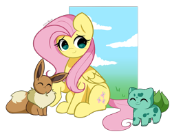 Size: 5197x4147 | Tagged: safe, artist:kittyrosie, fluttershy, bulbasaur, eevee, pegasus, pony, g4, absurd resolution, cloud, crossover, cute, eyes closed, heart, heart eyes, looking back, pokémon, shyabetes, simple background, sitting, sky, transparent background, wingding eyes
