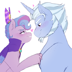 Size: 3300x3300 | Tagged: safe, artist:starsbursts, alphabittle blossomforth, queen haven, pegasus, pony, unicorn, g5, blushing, duo, female, heart, high res, hoof on chest, lidded eyes, looking at each other, looking at someone, male, mare, ship:alphahaven, shipping, simple background, smiling, stallion, straight, white background