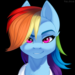 Size: 1024x1024 | Tagged: safe, artist:villjulie, rainbow dash, pegasus, pony, g4, black background, bust, female, looking at you, mare, mlp-rd, portrait, signature, simple background, smiling, smirk, solo
